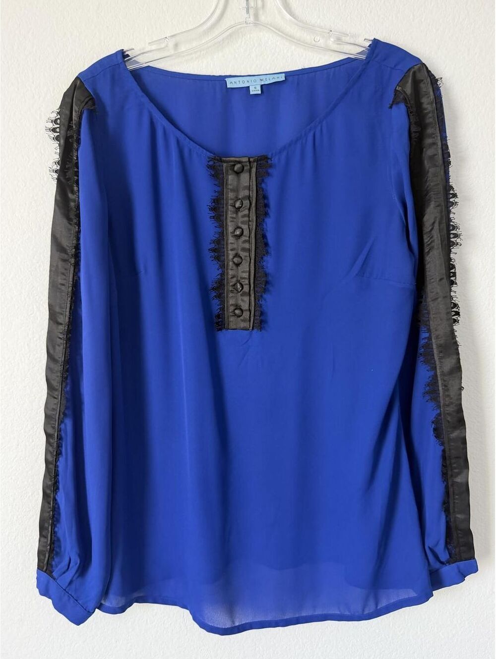 Antonio Melani Long Sleeve Placket Round Neck Lace Trim Royal Blue Blouse Size S